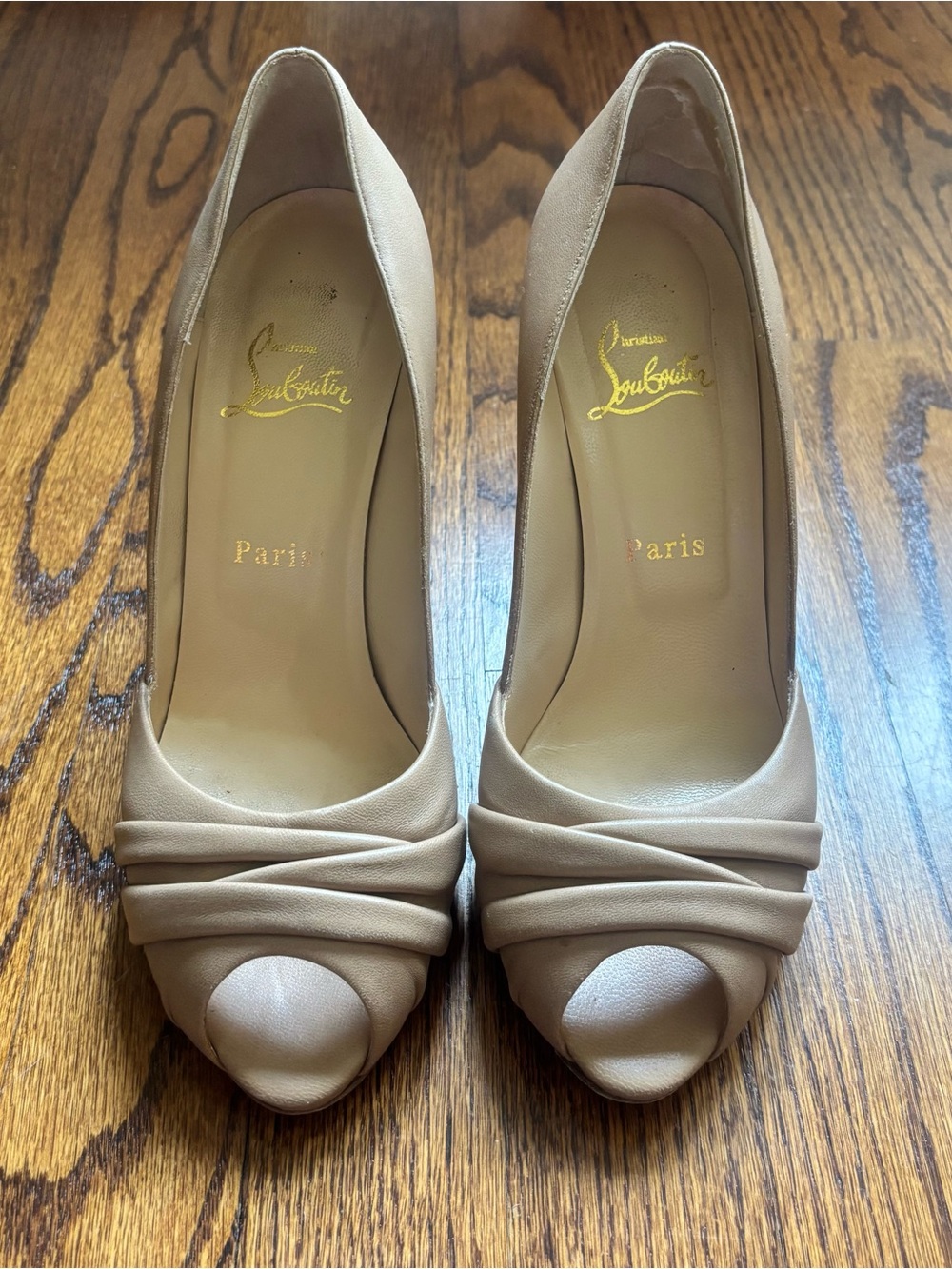 Christian Louboutin Beige/Nude Peep-Toe Pumps with Draped Detail